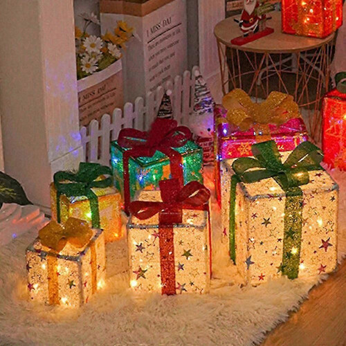 3Pcs Christmas Lighted Gift Boxes LED Xmas Present Boxes for Christmas Party Multi Color One Size 2