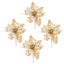 Flores navideñas doradas artificiales para decoración, 4 piezas de tela.