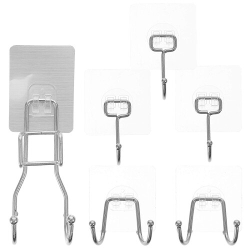 Punch-Free Silver Clothes Hooks Wall Mount Hanging Hooks 6Pcs Set