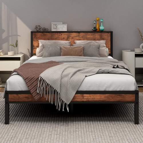Double Bed Frame with Wooden Storage Shelf Headboard,No Box Spring Needed