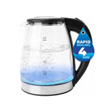 Bargain Factory Electric Kettle Glass 2L – 1800W Fast Boil, BPA-Free, Quiet Boil, Blue LED, No Plastic, Boil-Dry Protection, Black Electric Glass