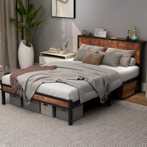 Double Bed Frame with Wooden Storage Shelf Headboard,No Box Spring Needed 1