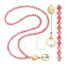 Resin Beaded Lanyard with Retractable ID Card Reel, Hands-Free Access Pass Holder Necklace for Women & Nurses Red