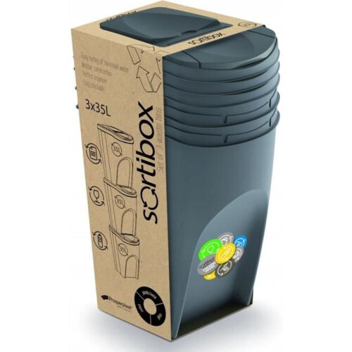 Prosperplast Ensemble de poubelles de tri de déchets 3x35L gris Sortibox