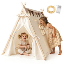 Tent tipi - MAMABRUM - Tipi Hout - Beige dennenhout - Gevoerde tapijt 109x89 cm - LED slinger 4 m