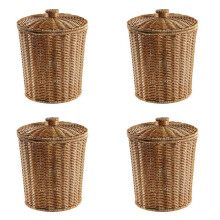 4X Cesto de Basura Tejido, Cesto de Basura Redondo de RatáN con Tapa, Jardinera, Cestas de Almacenamiento Tejidas, Cesto de Basura de Mimbre