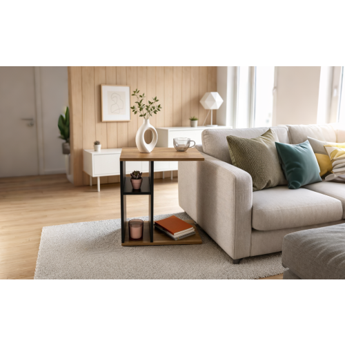 C-Shaped Sofa Side Table with Shelves Living Room 1