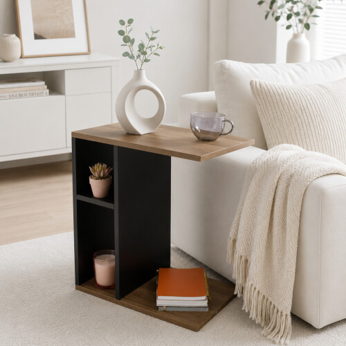 C-Shaped Sofa Side Table with Shelves Living Room