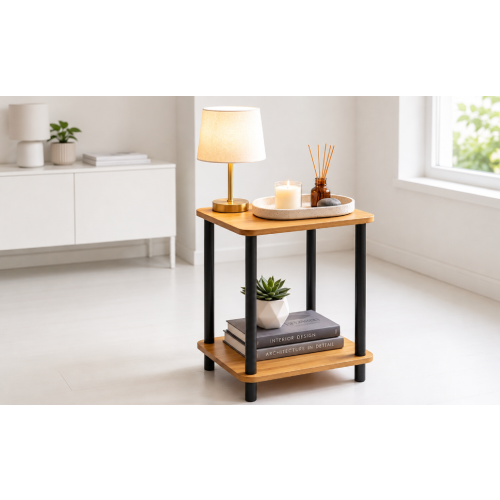 Oak 2-Tier Side Table with Black Metal Legs 1