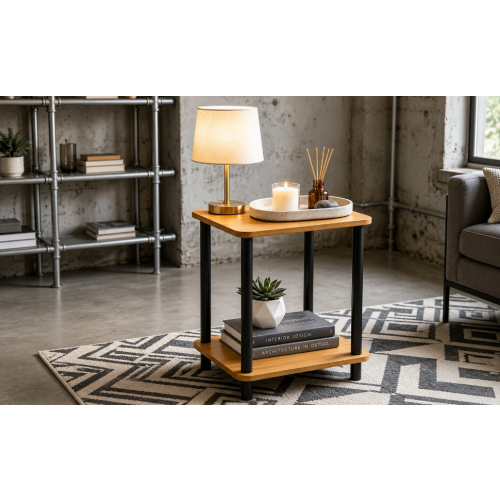Oak 2-Tier Side Table with Black Metal Legs 2