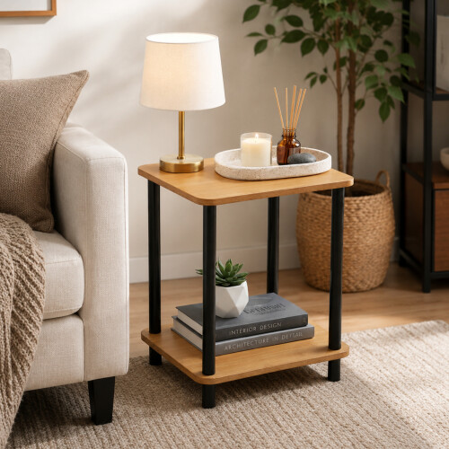 Oak 2-Tier Side Table with Black Metal Legs