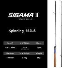 PURELURE Canne à pêche SigamaII, Carbone ultraléger, 2 sections, Action MF, Puissance UL/L, Modèle SIGAMAII-662LS