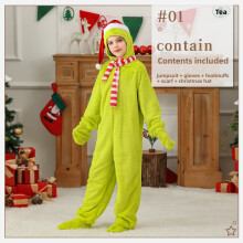 (140)Grinch Children Costume With Soft Short Plush Fabric For Christmas Events And Play Role