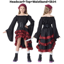 (Child Black,XL)Halloween Pirate Cosplay Costume Set With Ruffle Long Dress For Girls Women