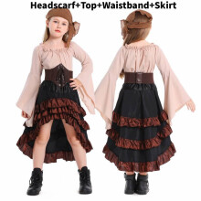 (Child Apricot,XL)Halloween Pirate Cosplay Costume Set With Ruffle Long Dress For Girls Women