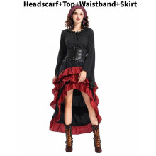 (Adult Black,M)Halloween Pirate Cosplay Costume Set With Ruffle Long Dress For Girls Women