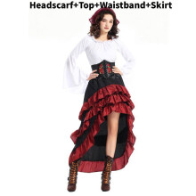 (Adult White,M)Halloween Pirate Cosplay Costume Set With Ruffle Long Dress For Girls Women