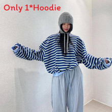 (Navy Blue, XL) Girls Spring Striped Casual Sweatshirt Hoodie With Patching For Wear Daily
