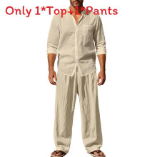 (Khaki,2XL)Mens Summer Linen Casual Outfit With Long Sleeve Shirt Wideleg Fashion Pants