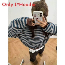 (Dark Navy, XL) Striped Girls Spring Casual Sweatshirt Hoodie With Patching For Daily Wear