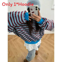 (Blue Red, M) Striped Girls Spring Casual Sweatshirt Hoodie With Patching For Daily Wear