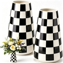2 Pcs 5.9 Inch Black and White Checkered Ceramic Vase, Small Modern Porcelain Flower Vase for Decorative Centerpiece