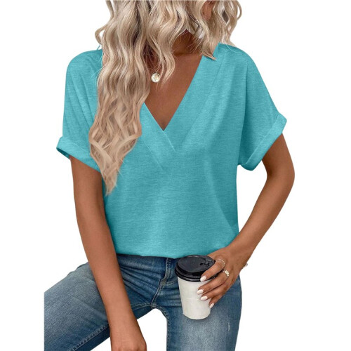 Womens  Size Loose Fit V Neck Solid Color Short Sleeve Tshirt Casual Basic Top Oversized Light Green S
