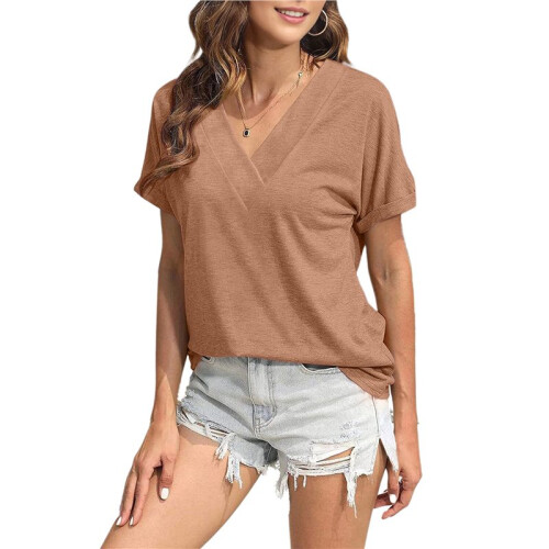 Womens  Size Loose Fit V Neck Solid Color Short Sleeve Tshirt Casual Basic Top Oversized Light Brown L