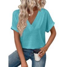 Womens  Size Loose Fit V Neck Solid Color Short Sleeve Tshirt Casual Basic Top Oversized Light Green XL