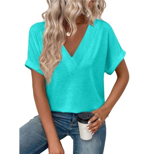 Womens  Size Loose Fit V Neck Solid Color Short Sleeve Tshirt Casual Basic Top Oversized Emerald L