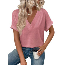 Dames T-Shirt met V-Hals, Losse Pasvorm, Effen Kleur, Korte Mouwen, Casual Basic Top, Oversized Roze XL