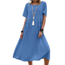 Womens Loose Fit Casual Linen Blend Solid Color Round Neck Short Sleeve Midi Dress Beach Royal 4XL