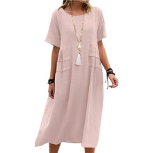 Womens Loose Fit Casual Linen Blend Solid Color Round Neck Short Sleeve Midi Dress Beach L