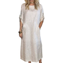 Womens Loose Fit Casual Solid Color Short Sleeve Linen Blend Midi Dress Summer White XXXL