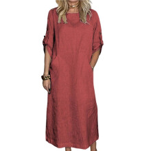 Womens Loose Fit Casual Solid Color Short Sleeve Linen Blend Midi Dress Summer Wine Red XXL