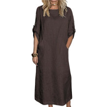 Womens Loose Fit Casual Solid Color Short Sleeve Linen Blend Midi Dress Summer Brown XL
