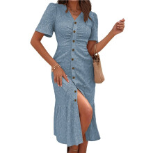 Womens V Neck Short Sleeve Solid Color Casual Dress Summer Chic Midi Dress Sky XL
