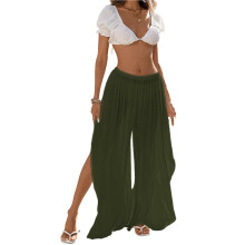 Womens Wide Leg Split Skirt Pants Boho Loose Palazzo with Elastic Waist Vacation Pants Army Green M
