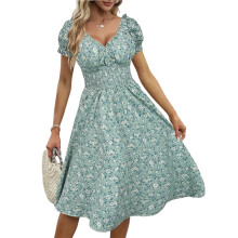 Women'S Summer Dresses V-Neck Smocked Floral Puff Short Sleeve Floral Party Dress Green XL