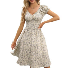 Women'S Summer Dresses V-Neck Smocked Floral Puff Short Sleeve Floral Party Dress Gray L