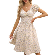Women'S Summer Dresses V-Neck Smocked Floral Puff Short Sleeve Floral Party Dress Khaki L