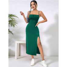 Damen-Midikleid mit Print, Spaghettiträgern, Hohem Schlitz, Ärmellos, Figurbetont, Boho-Stil, Strandkleid Grün L