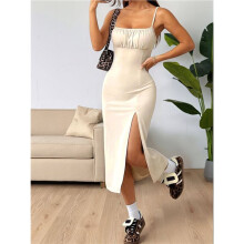 Damen-Midikleid mit Print, Spaghettiträgern, Hohem Schlitz, Ärmellos, Figurbetont, Boho-Stil, Strandkleid Milchweiß XL