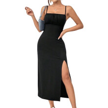 Damen-Midikleid mit Print, Spaghettiträgern, Hohem Schlitz, Ärmellos, Figurbetont, Boho-Stil, Strandkleid Schwarz L