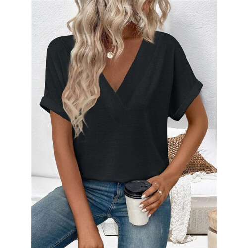 Womens  Size Loose Fit V Neck Solid Color Short Sleeve Tshirt Casual Basic Top Oversized Black L 1