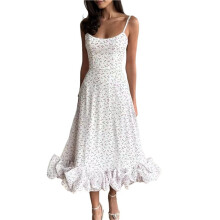 Womens Fashion Spaghetti Strap Flowy A- Dress with 3D Floral Appliques Party Maxi Gown Color: White L
