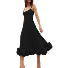 Vestido Longo Feminino de Festa com Alças Finas, Modelagem Evasê e Apliques Florais 3D Preto S