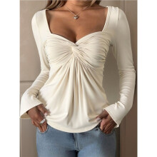 Dames T-Shirt met V-Hals, Lange Mouwen en Ruches, Effen Kleur, Pullover, Elegante Basic Top Licht Abrikoos L