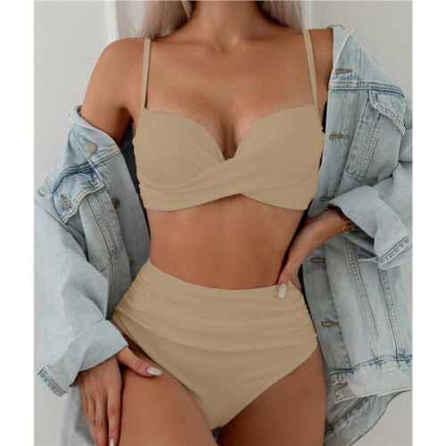 Women'S 2 Piece Bikini Set Spaghetti Strap High Cut Push  Underwire Swimsuit Khaki S 1