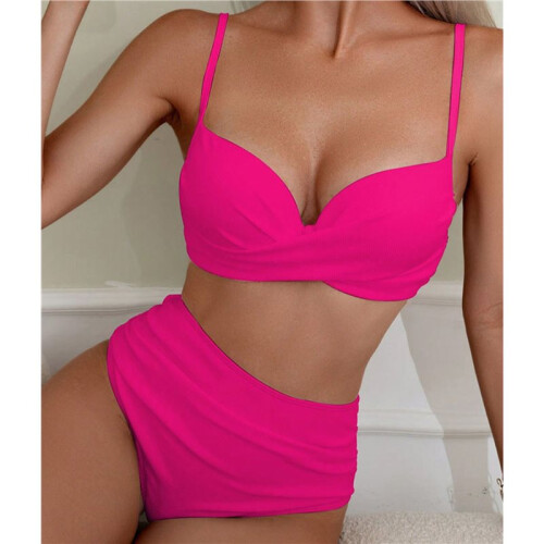 Women'S 2 Piece Bikini Set Spaghetti Strap High Cut Push  Underwire Swimsuit Rose Red M 2